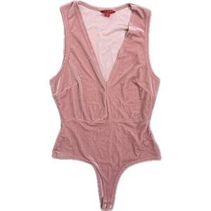 GUESS Light Pink Velvet Deep V Neck Sleeveless Bodysuit Small Snap Bottom Pink